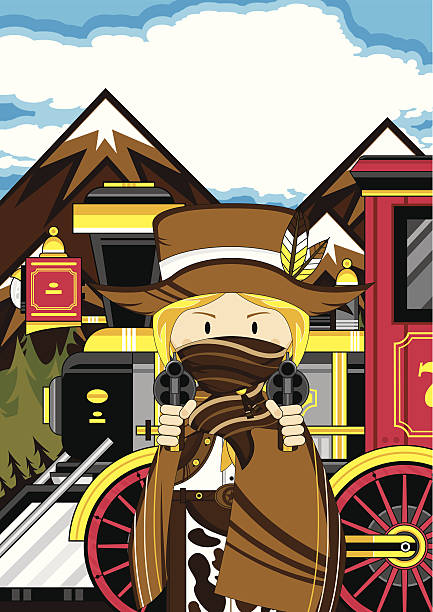 Cowgirl & Wild West Train Scene Vector Illustration of a cartoon Wild West Style Train with Cowgirl in Mask. girl with cowboy hat stock illustrations