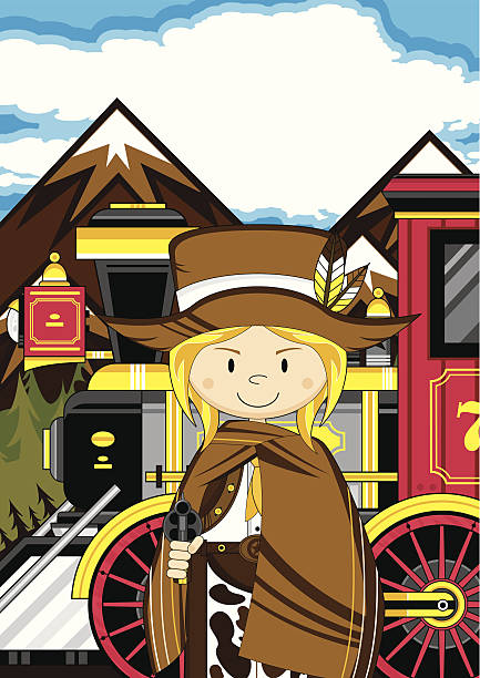 Cowgirl & Wild West Train Scene Vector Illustration of a cartoon Wild West Style Train with Cowgirl in Poncho. girl with cowboy hat stock illustrations