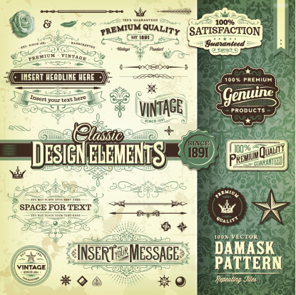 A collection of vintage styled ornate labels and elements. Comes with a matching tilable damask pattern. EPS 10 file, with transparencies, layered & grouped, 