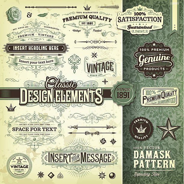 Classic Design Elements Toolkit A collection of vintage styled ornate labels and elements. Comes with a matching tilable damask pattern. EPS 10 file, with transparencies, layered & grouped,  label backgrounds stock illustrations