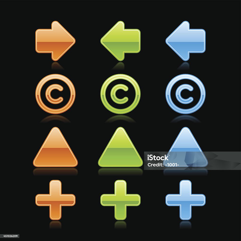 Strzałki Znak praw autorskich oraz trójkątnych pin przycisk web Szkło Ikona - Grafika wektorowa royalty-free (Błyszczący)