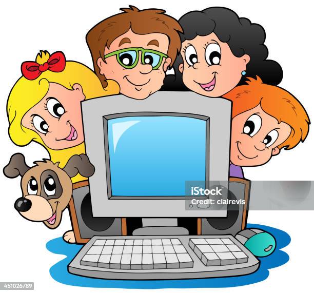 Vetores de Computador Dos Desenhos Animados E Cachorro Com Crianças e mais imagens de Adolescentes Meninas