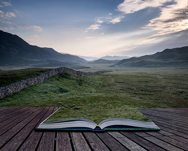 istock Creative concept book View along misty valley towards mountains landscape 451026797
