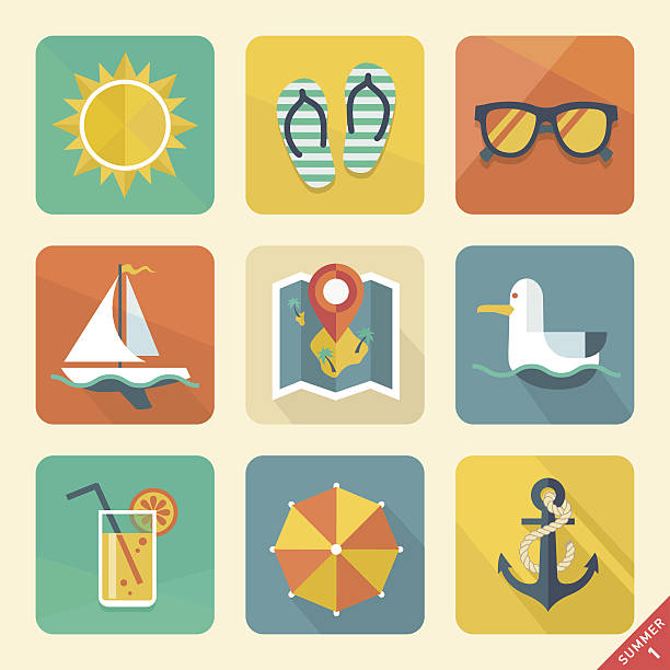 Summer icons. Flat design trend. Retro color. vector art illustration