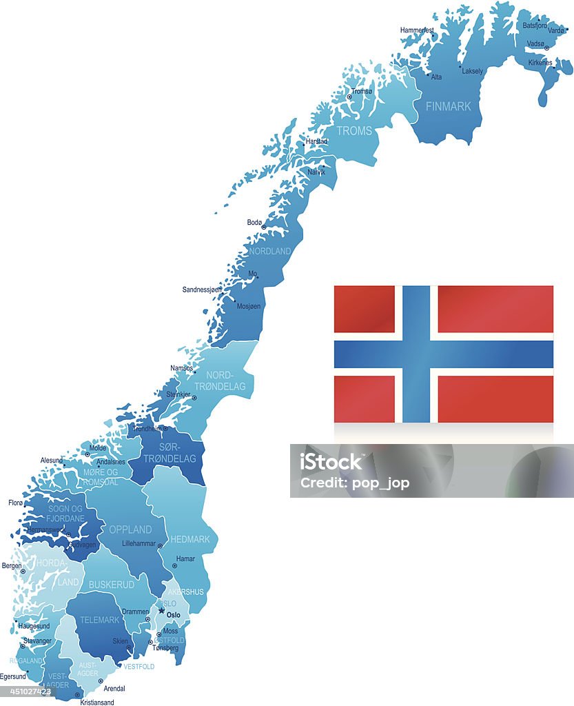 Mapa da Noruega-Membros, cidades e a bandeira - Vetor de Azul royalty-free