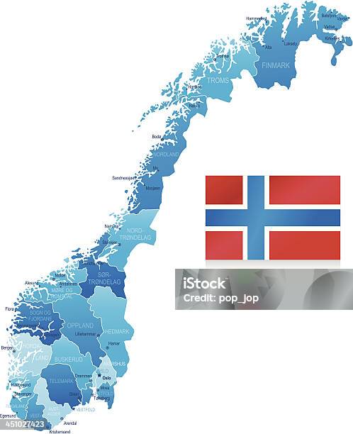 Vetores de Mapa Da Noruegamembros Cidades E A Bandeira e mais imagens de Azul - Azul, Bandeira, Bandeira Norueguesa