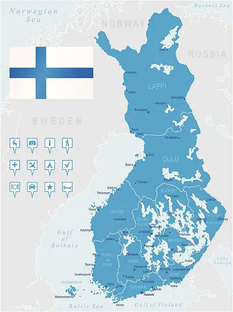 Vector illustration of Map of Finland - states, cities, flag, navigation icons