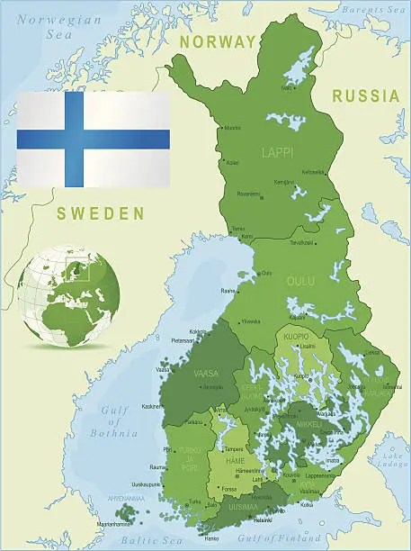 Vector illustration of Green Map of Finland - states, cities and flag