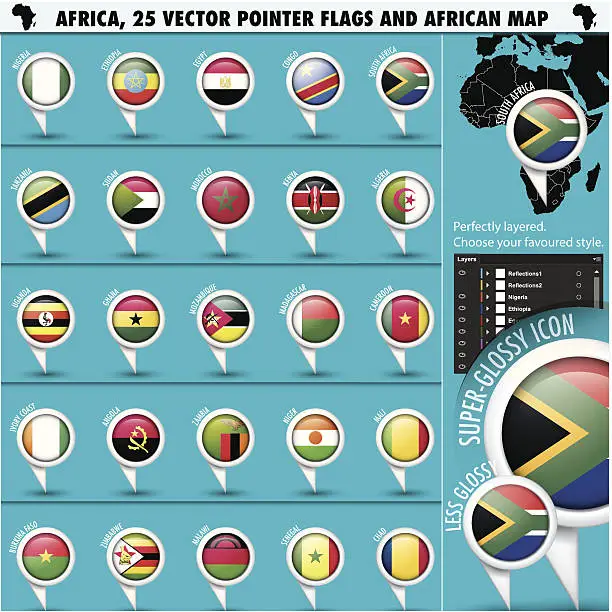 Vector illustration of Africa Pointer Flag Icons with african Map set1