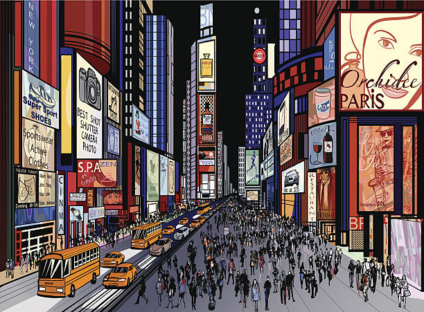 illustrazioni stock, clip art, cartoni animati e icone di tendenza di new york-vista notturna di times square - distretto dei teatri di manhattan