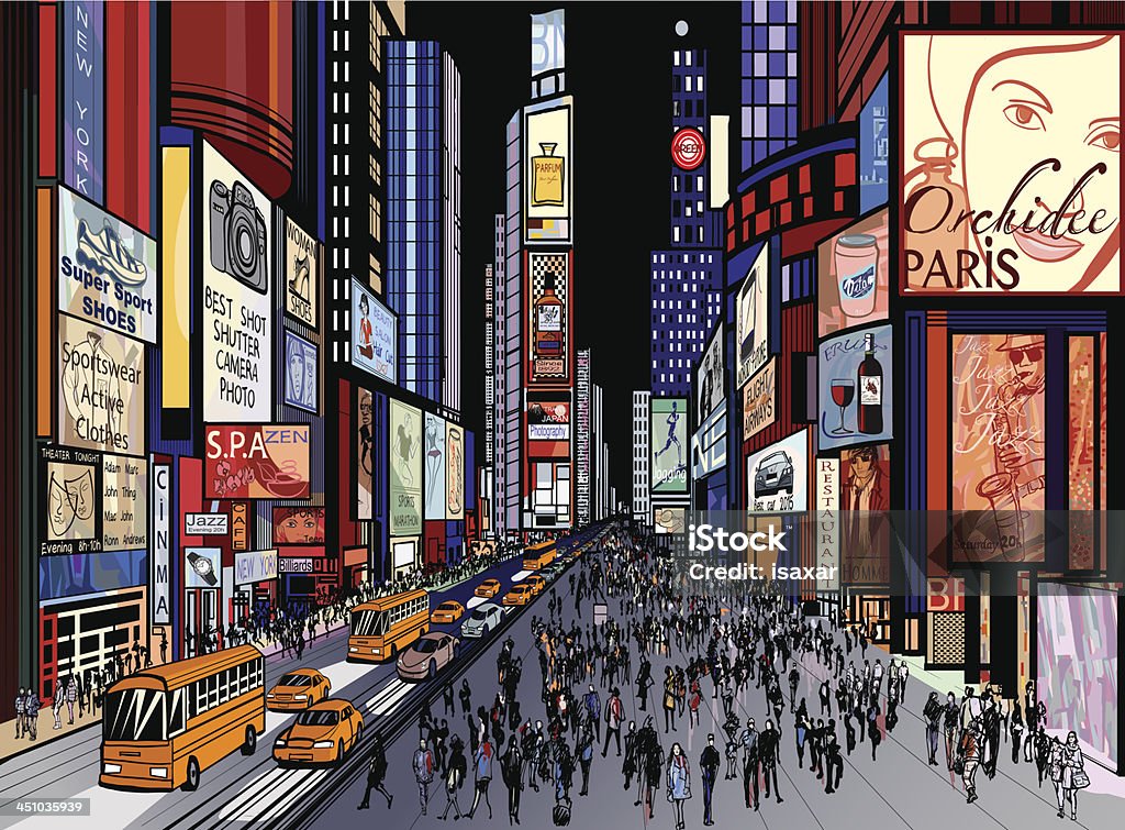 New York - night view of times square Vector illustration of a night view of times square in New York (all ads are imaginary) Times Square - Manhattan stock vector
