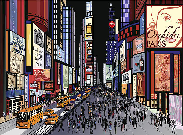 New York - night view of times square Vector illustration of a night view of times square in New York (all ads are imaginary) times square stock illustrations
