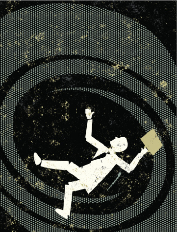 Falling Down! A stylized vector cartoon of a businessman with falling down a swirling Vortex. Suggesting  - paranoia, failure, falling, instability, downward spiral, instability, sucked in, danger or fear. Man, vortex, paper texture and background are on different layers for easy editing. Please note: clipping paths have been used,  an eps version is included without the path.