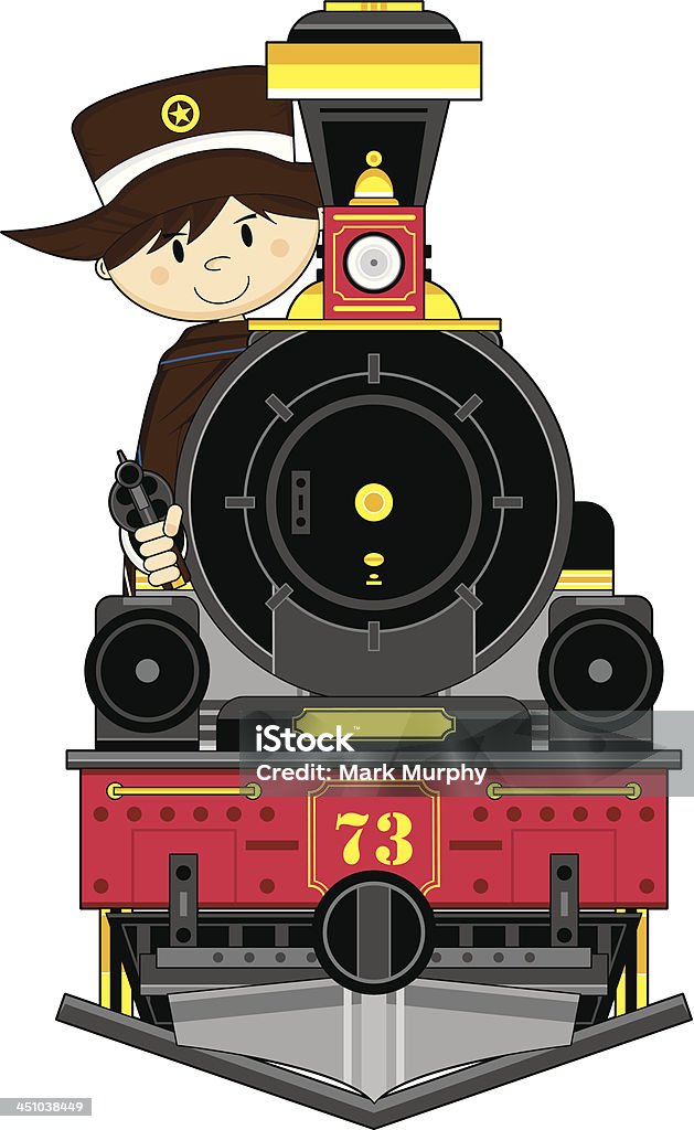 Steam Train with Cowboy Sheriff Vector Illustration of a cartoon Train Engine with Cute Cowboy Sheriff. Aiming stock vector