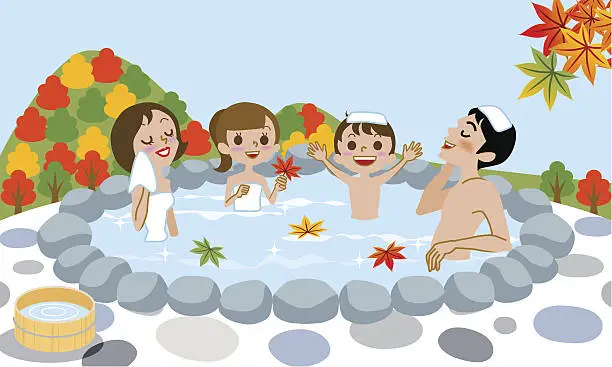 Vector illustration of Cheerful family Enjoying Japanese Hot Spring in Autumn