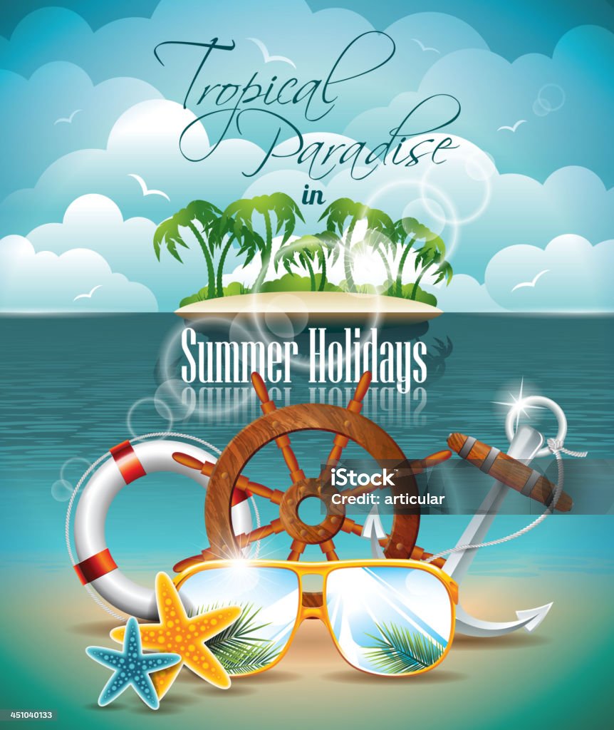 Vacaciones de verano diseño Flyer con palmeras y elementos de envío - arte vectorial de Música libre de derechos