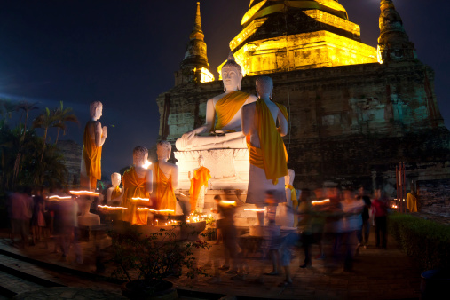 Religion Crowd walking with Candle Light around Temple in Makabucha day at Wat Yai Chaimongkol in Ayutthaya, Thailand