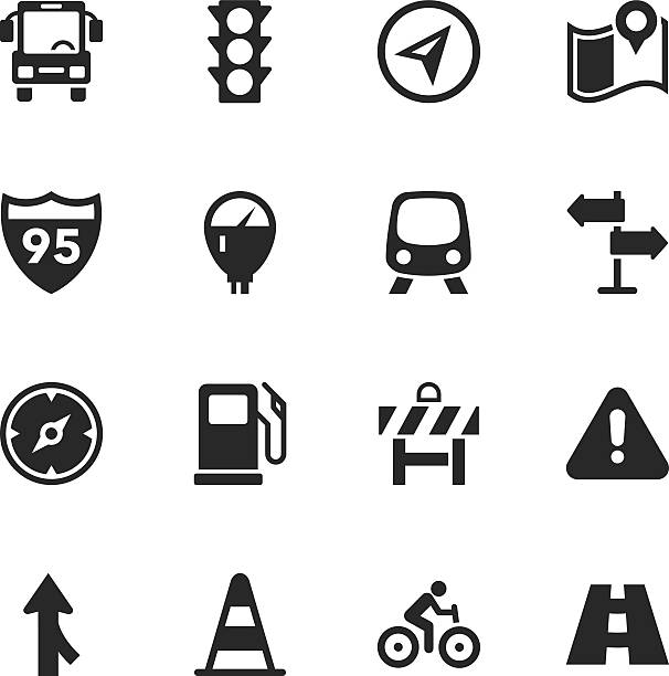 Vector illustration traffic silhouette icons Black and white traffic icons set on a white background. The icons are arranged into four rows with four icons on each row. The first row contains a bus, a traffic light, a sign and a pinned map. The next row contains a sign, a meter, a train and another sign pointing to both the left and the right. The next row contains a gauge, a gas pump, a caution sign and another caution sign. The last row contains a detour sign, a traffic one, a motorcycle sign and a roadway. parking meter white background stock illustrations
