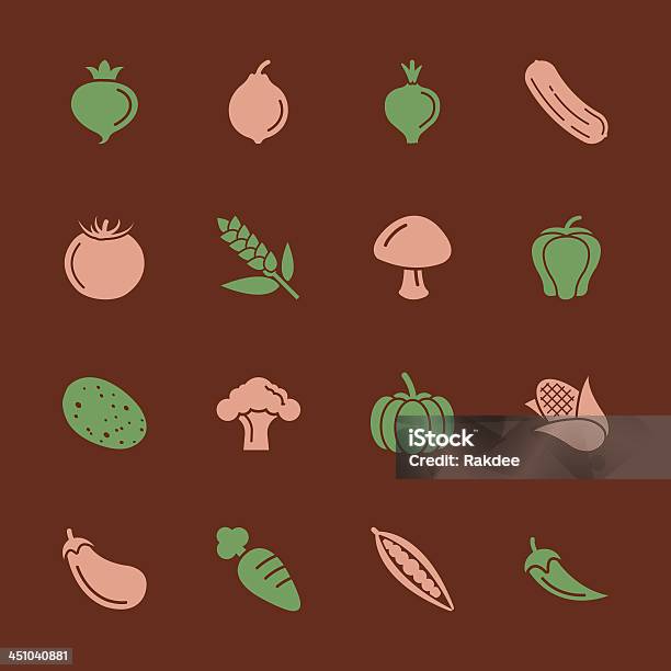 Овощной Иконыцвета Серииeps10 — стоковая векторная графика и другие изображения на тему Баклажан - Баклажан, Болгарский перец, Брокколи