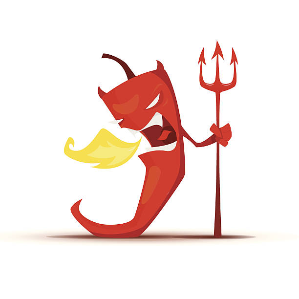 stockillustraties, clipart, cartoons en iconen met red hot chili pepper with devil's trident - chili fire