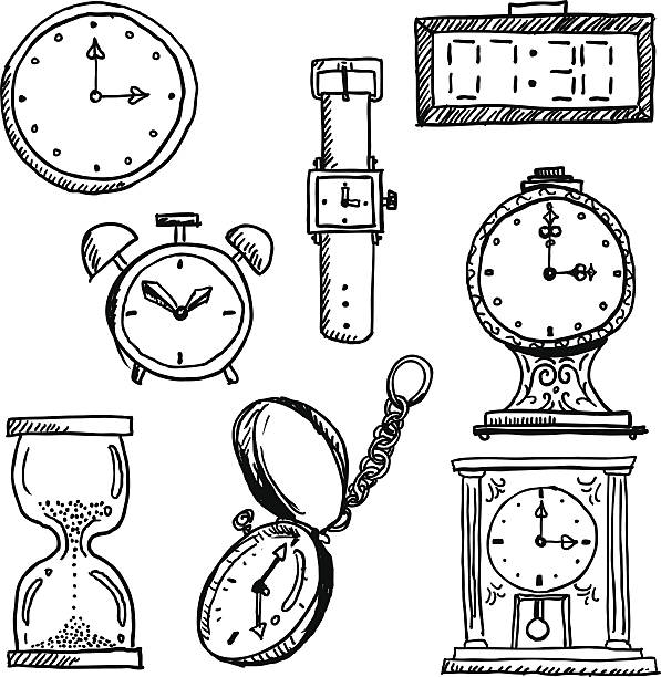 Time elements in black and white Time elements in black and white time drawings stock illustrations