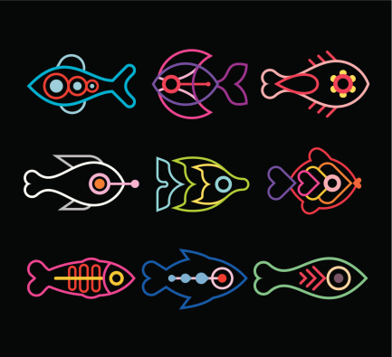 Aquarium Fishes - set of vector icons. Isolated on black background.