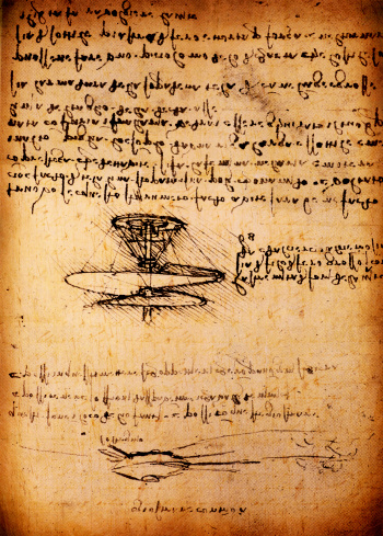 Leonardo's Da Vinci engineering drawing from 1503 on textured background.