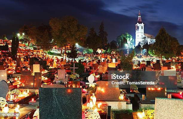 Cemetery At Night Stock Photo - Download Image Now - Cemetery, Chapel, Church