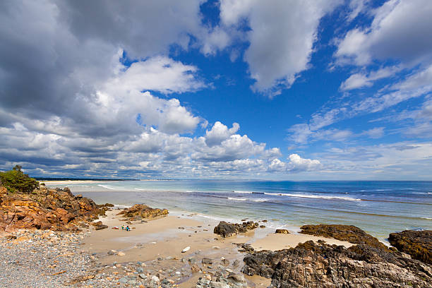 HDR image (photorealistic) of the Shoreline of Marginal Way in Ogunquit, Maine, on a beautiful autumn day. Wide angle view.