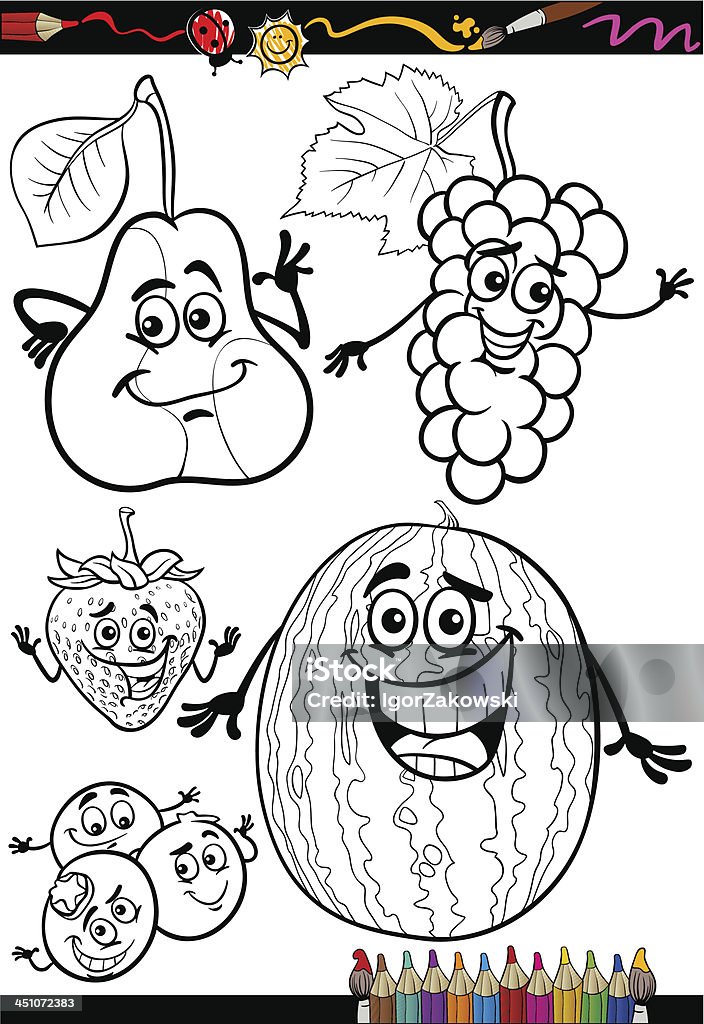 Conjunto de frutas dos desenhos animados para colorir Livro - Vetor de Alimentação Saudável royalty-free