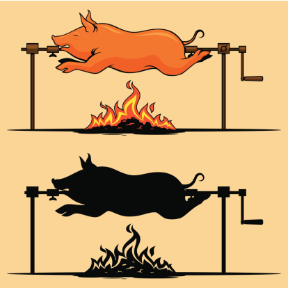 BBQ roasted pig on a spit. Color image and black and white silhouette on separate layers. PNG file without background (3372x3313, 300 dpi) is also included.