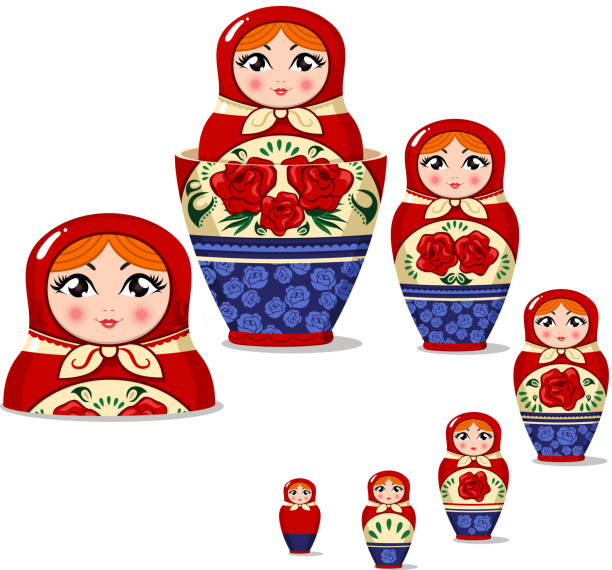 ilustraciones, imágenes clip art, dibujos animados e iconos de stock de matryoshka muñeca rusa - russian nesting doll russia doll matrioska