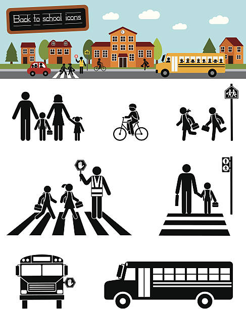 ilustraciones, imágenes clip art, dibujos animados e iconos de stock de volver a la escuela (serie) - transporte escolar