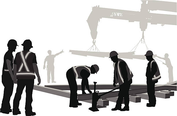 ilustraciones, imágenes clip art, dibujos animados e iconos de stock de de pista - construction worker silhouette people construction