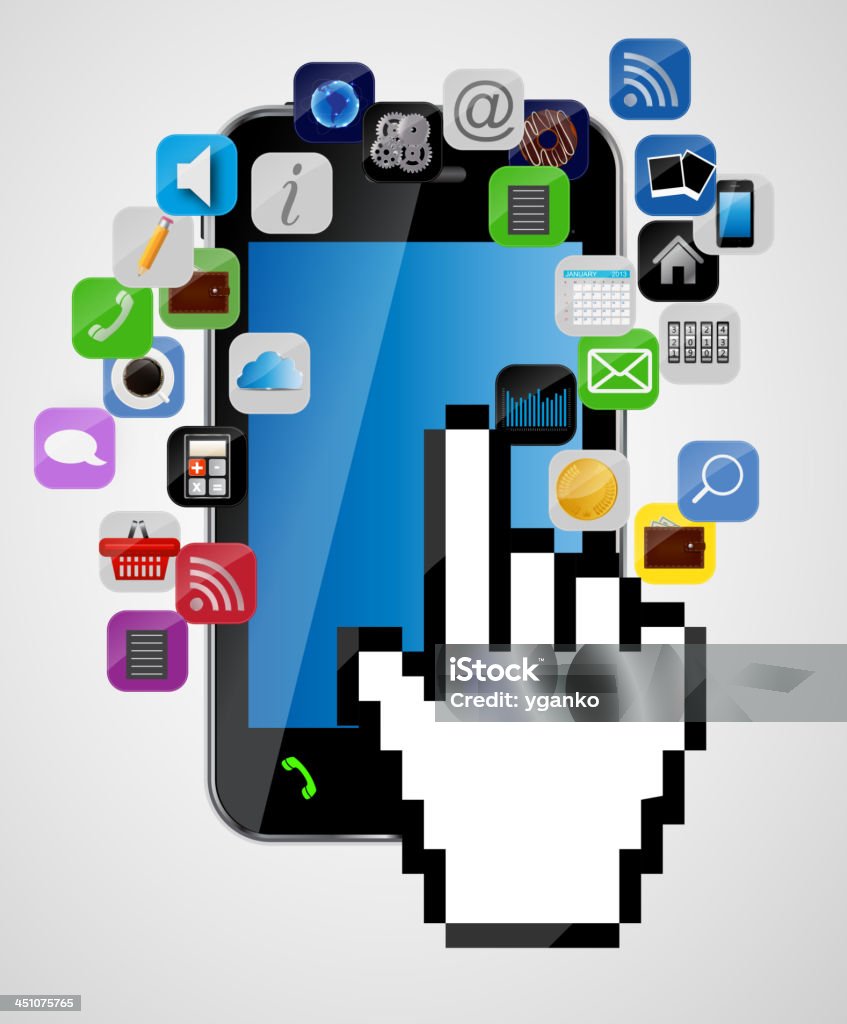 design universale telefono cellulare con il mouse cursore a forma di mano, icone delle app - arte vettoriale royalty-free di Affari