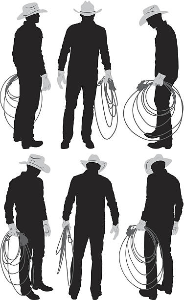 mehrere bilder von einer cowboy mit lasso - cowboy hat wild west single object white background stock-grafiken, -clipart, -cartoons und -symbole