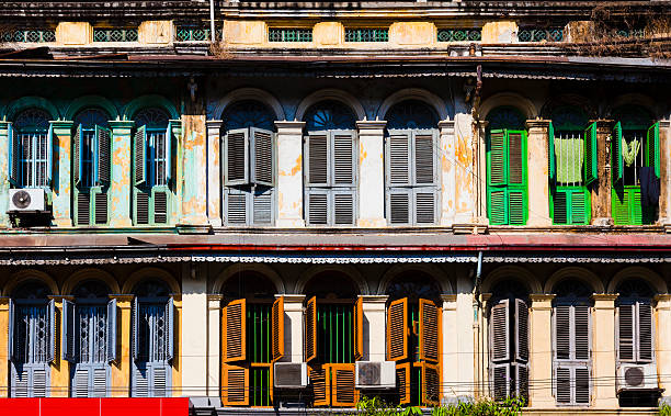 старый европейский стиль windows in yangon, myanmar - burmese culture myanmar old outdoors стоковые фото и изображения