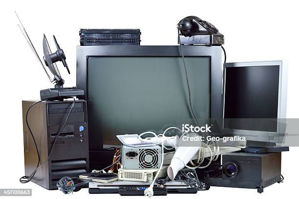 Old And Used Electric Home Waste Stock Photo - Download Image Now - E-Waste, Electrical Equipment, Stack