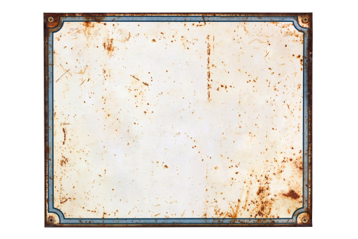 Blank framed retro metal sign, with dirt and rust, isolated on white.