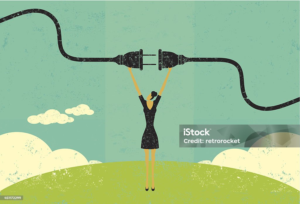Getting plugged in A businesswoman connecting a power cord. The woman and electric plug are on a separate labeled layer from the background. Electric Plug stock vector