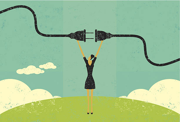 Getting plugged in A businesswoman connecting a power cord. The woman and electric plug are on a separate labeled layer from the background. two pin plug stock illustrations