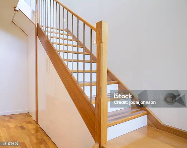 Oak And White Stair Case Home Interior Stock Photo - Download Image Now - Staircase, Below, Wood - Material