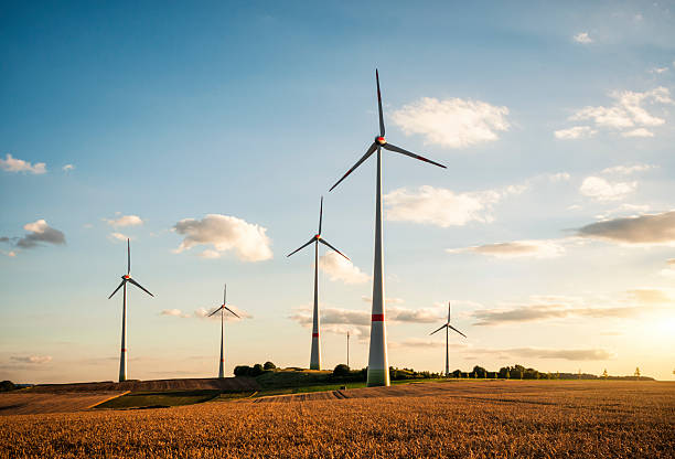 Wind turbines at sunset Grainfield and five wind turbines during sundown hesse germany photos stock pictures, royalty-free photos & images