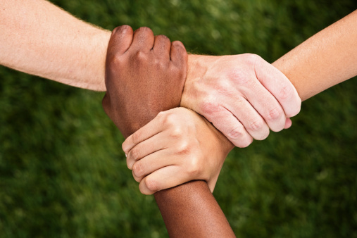 Three multiracial hands are linked together in union, support, or solidarity, against a green grass background.