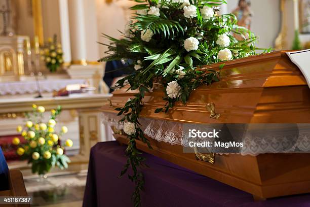 Flowers On A Coffin In The Church Stock Photo - Download Image Now - Funeral, Coffin, Flower