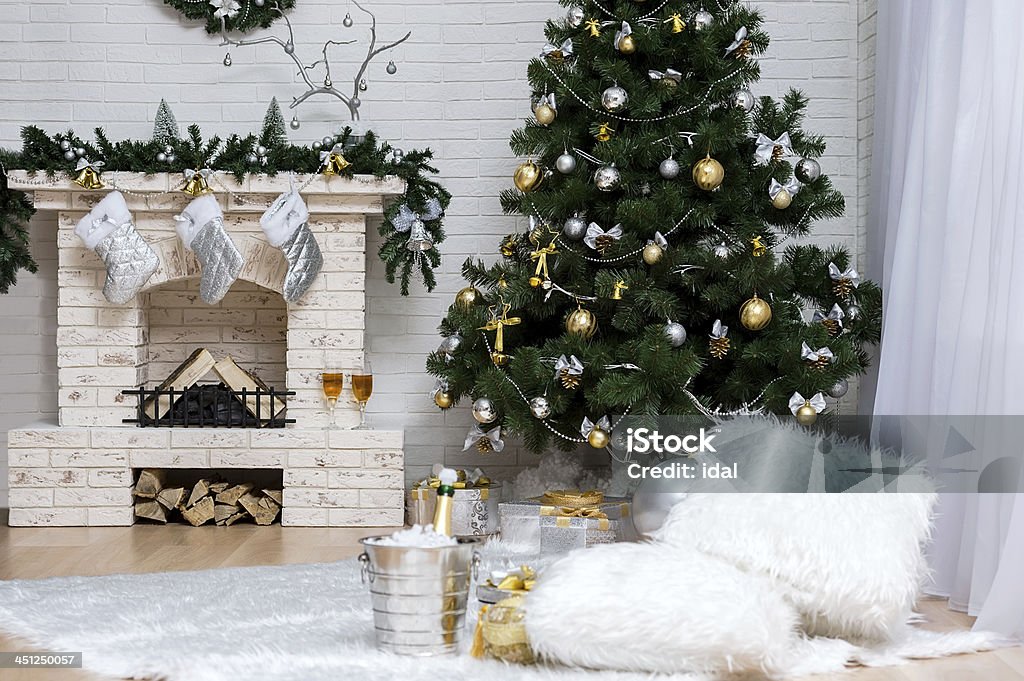 Christmas interior Daily interior decked out with Christmas tree and fireplace Basket Stock Photo