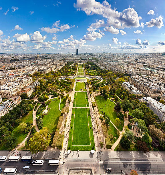 Aerial view of Champ de Mars from the Eiffel Tower in Paris Aerial View on Champ de Mars from the Eiffel Tower, Paris, France champ de mars stock pictures, royalty-free photos & images