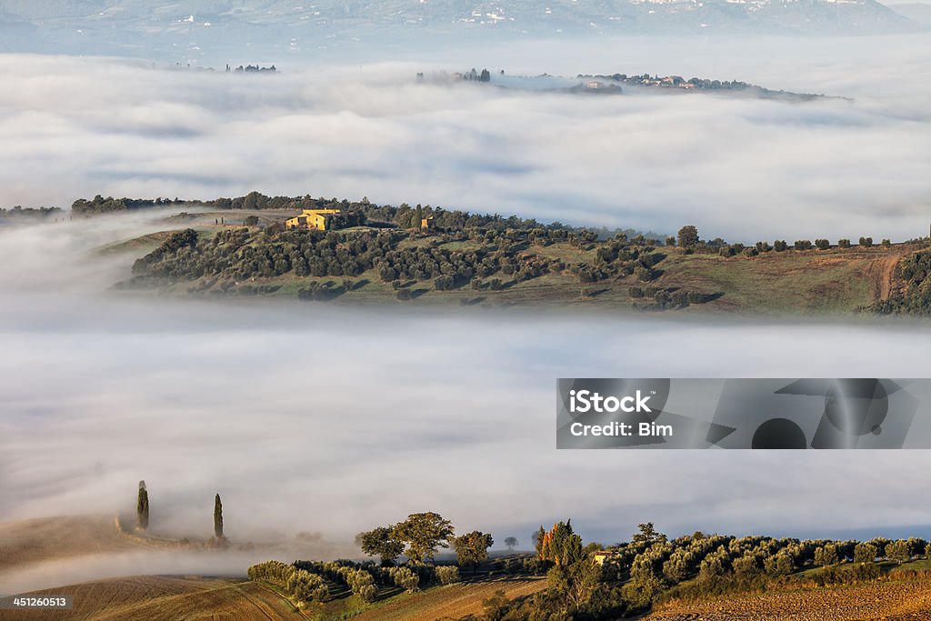 Paisagem toscana com nevoeiro matinal - Foto de stock de Agricultura royalty-free