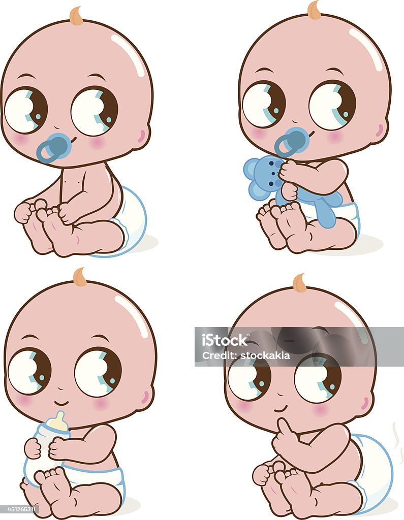 Cute baby boy Vector Illustration of a cute baby boy drinking milk, playing with his toy, sitting and having a poop. Baby - Human Age stock vector