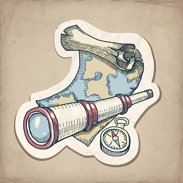 Vector illustration of spyglass, map and compass vector art illustration